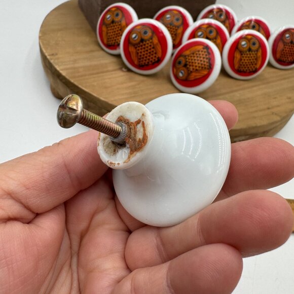 Owl vintage draw pulls knobs porcelain ceramic red orange black set of 13 made i - Picture 10 of 13